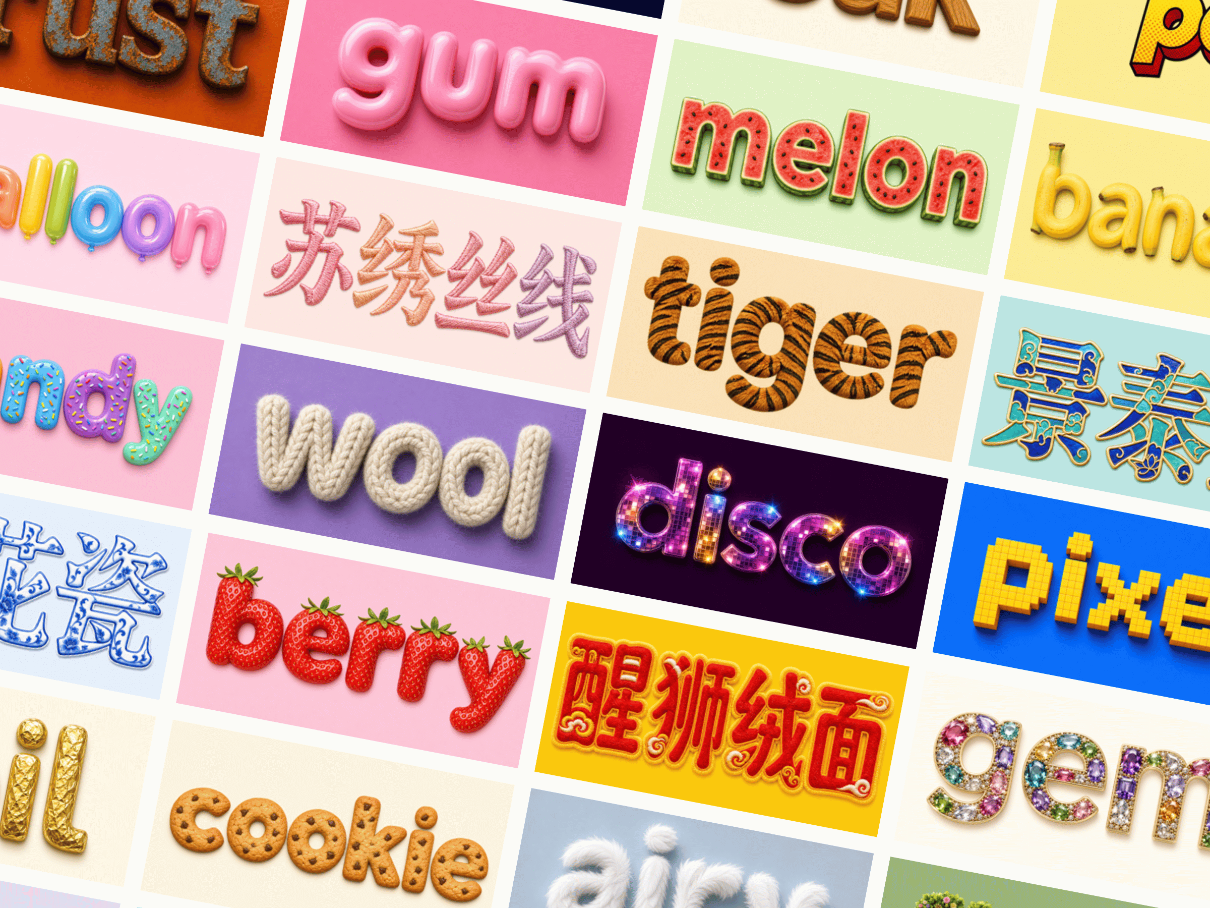 Grid of AI Font Effects text effect examples including gum, melon, tiger fur, wool, disco, embroidery, cookie and gemstone styles, in both English and Chinese