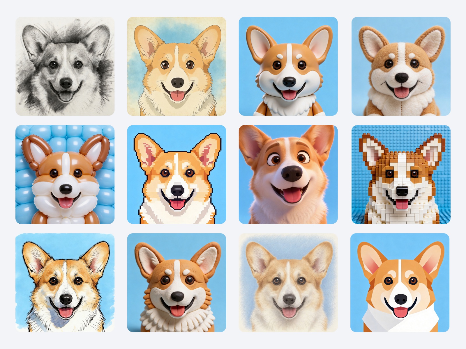 One corgi photo restyled twelve ways by AI Art Styles: pencil sketch, manga, vinyl toy, felt, balloon, pixel art, 3D cartoon, brick build, watercolor, clay, colored pencil and flat vector